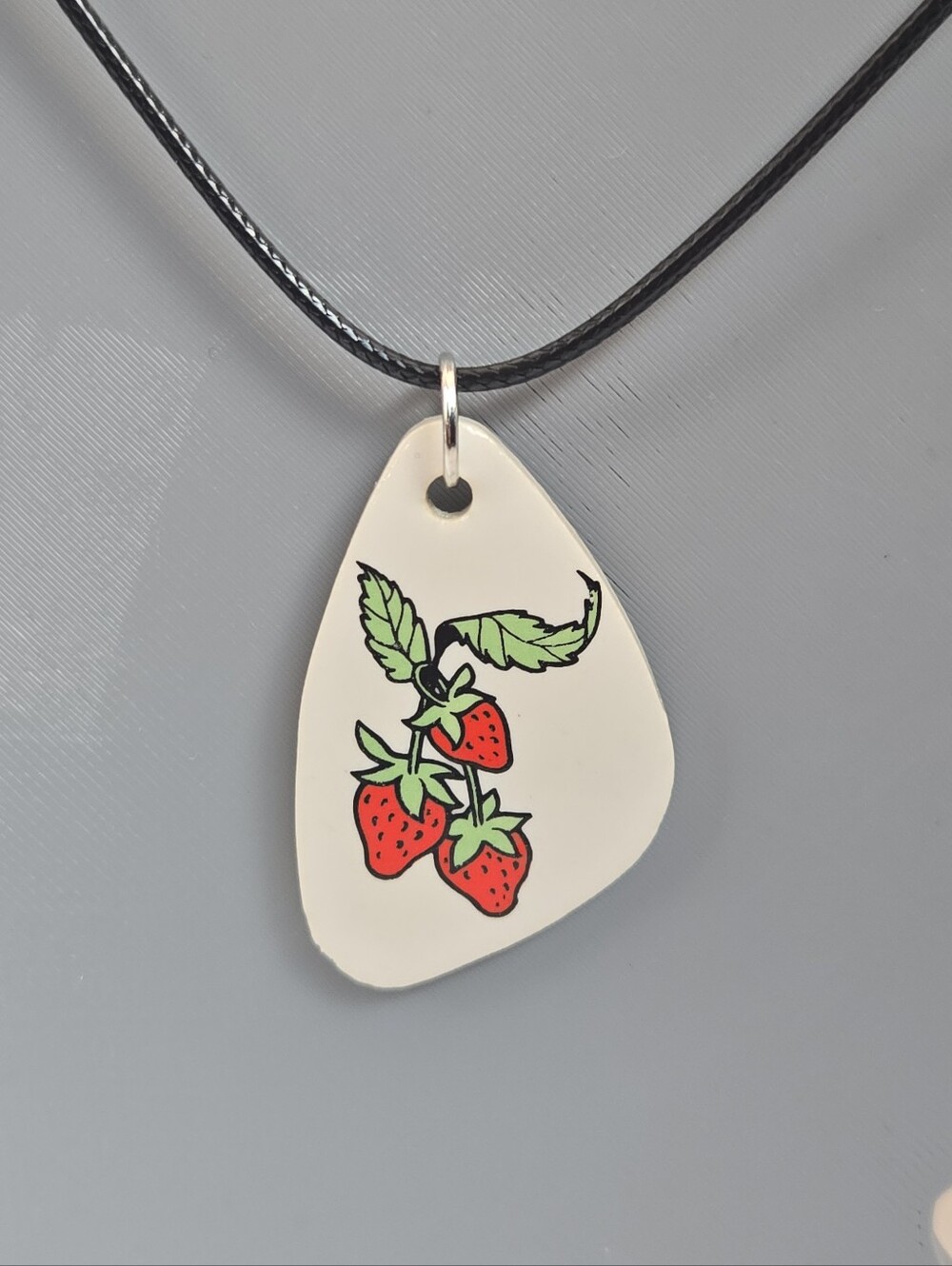 Handmade Strawberry Porcelain Pendant Necklace on Black Cord